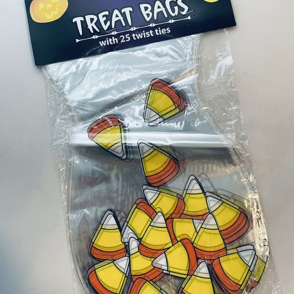 25 Count Halloween Holiday Party Treat Bags With Ties Candy Corn Clear Design - Picture 1 of 7
